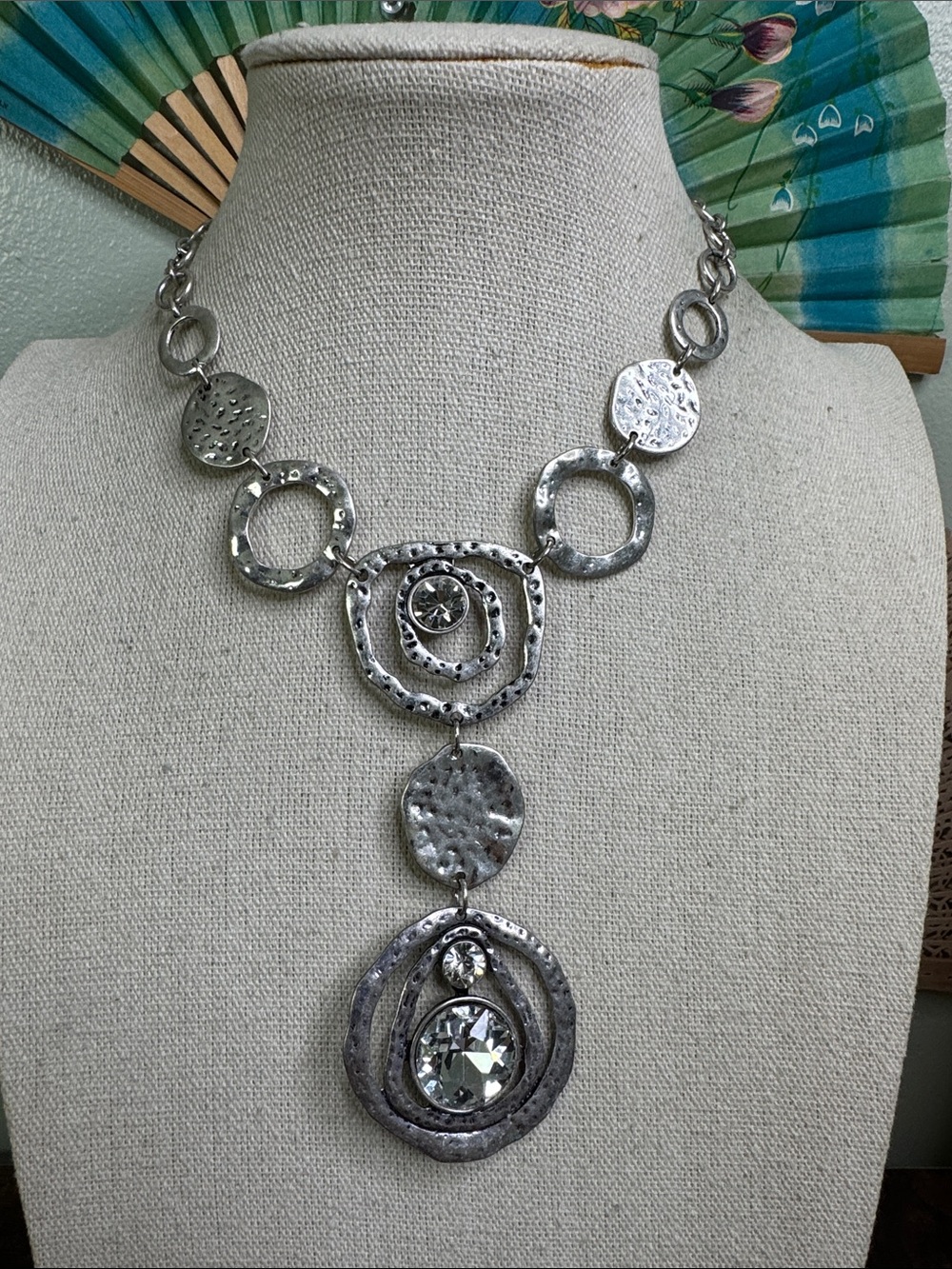 Volcom Silver Textured Pendant Necklace with Crystal Accents